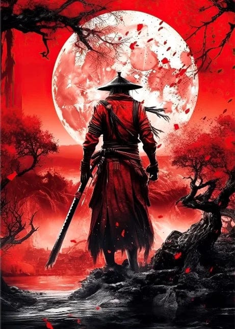 Canvanation Red / 55x80cm Affiche Japonais Samurai Sakura Guerrier Coucher De Soleil