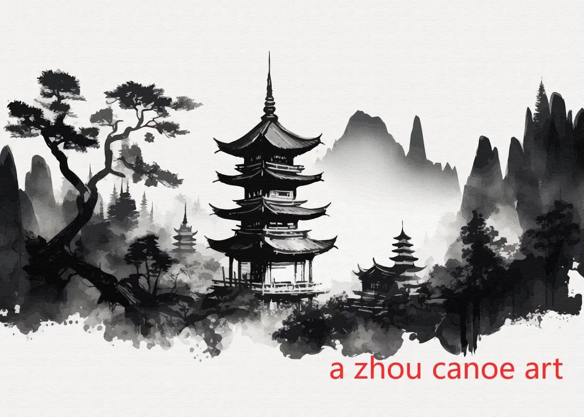 Canvanation 12 / 40X60cm Affiche Japonais Paysage Chinois Couple Oiseaux Forêt Montagne Rivière Poisson Carpe Koi