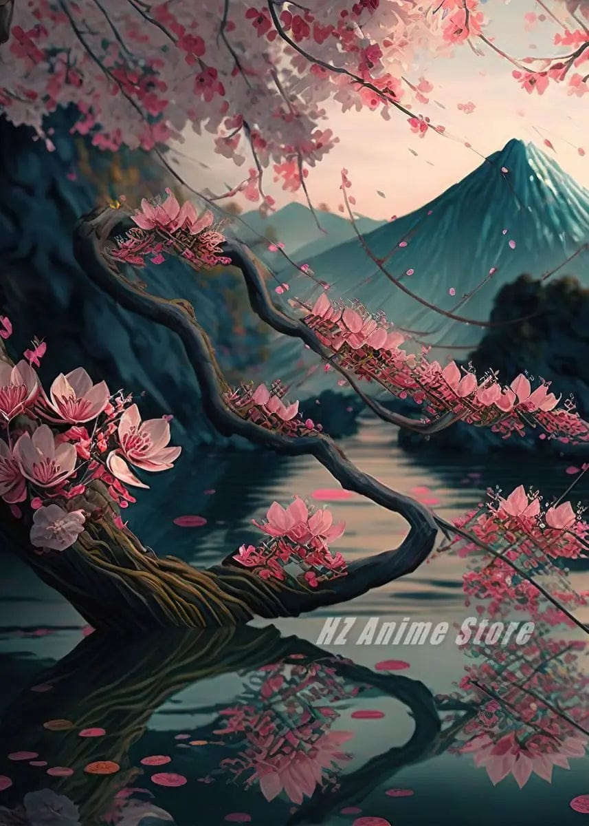Canvanation Affiche Japonais Cerisier en fleur Sakura Lac Temple Japon