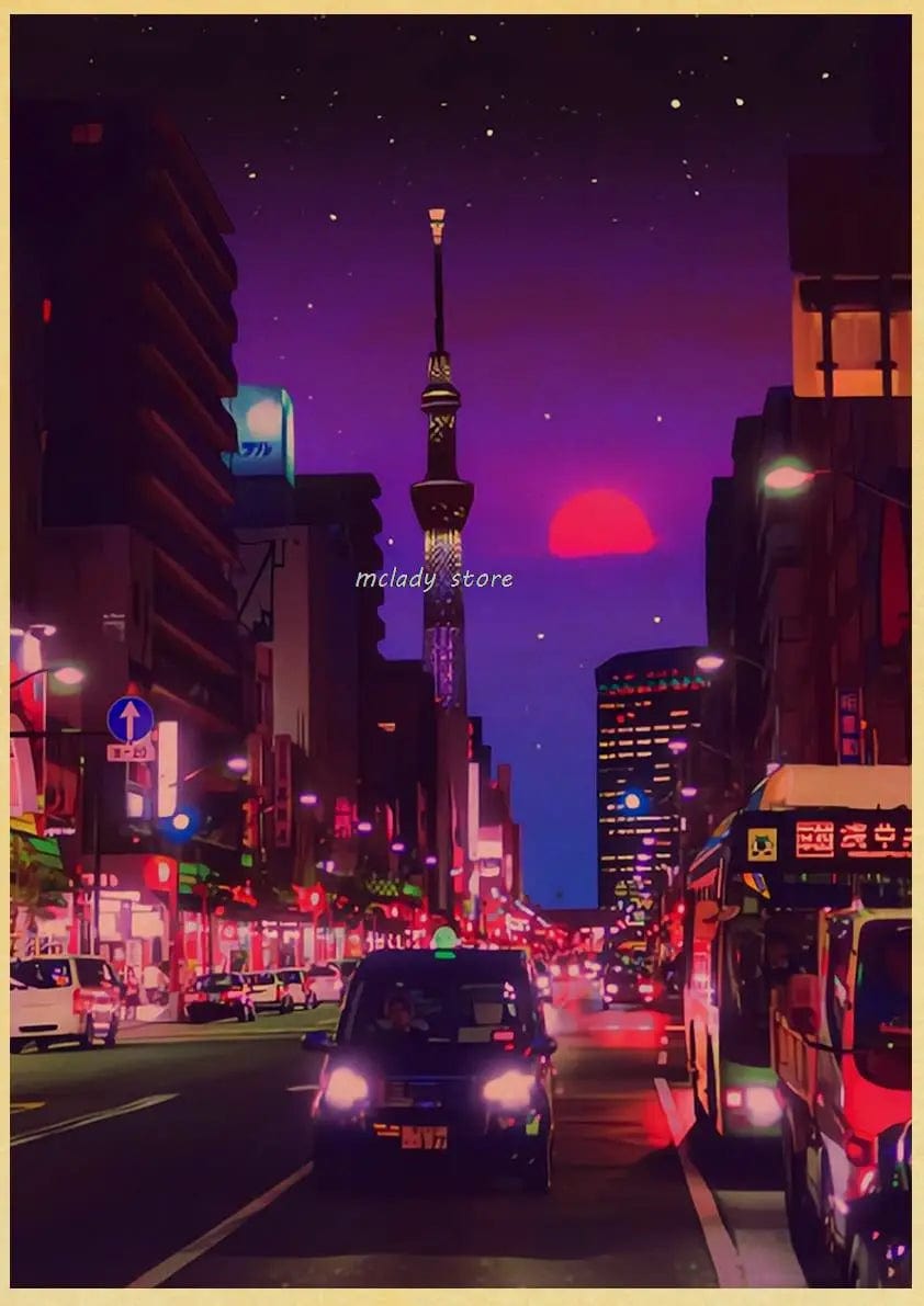 Canvanation L212 24 / 30X21CM Poster Ville Vintage Japon Ville De Nuit