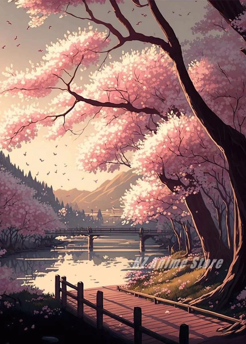 Canvanation Affiche Japonais Cerisier en fleur Sakura Lac Temple Japon