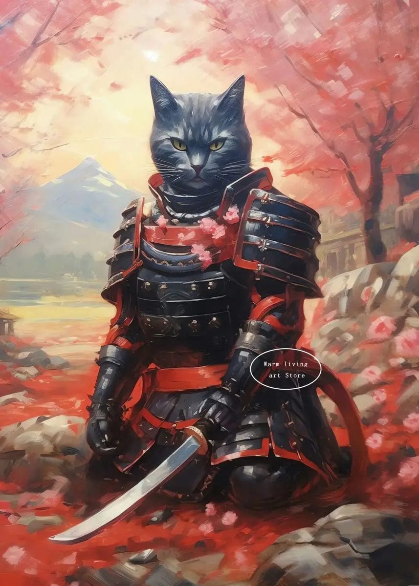 Canvanation 50X70cm / 3 Affiche Japonais Chat Samurai Katana Sakura