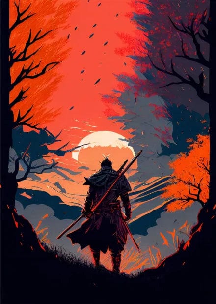 Canvanation Gold / 55x80cm Affiche Japonais Samurai Sakura Guerrier Coucher De Soleil