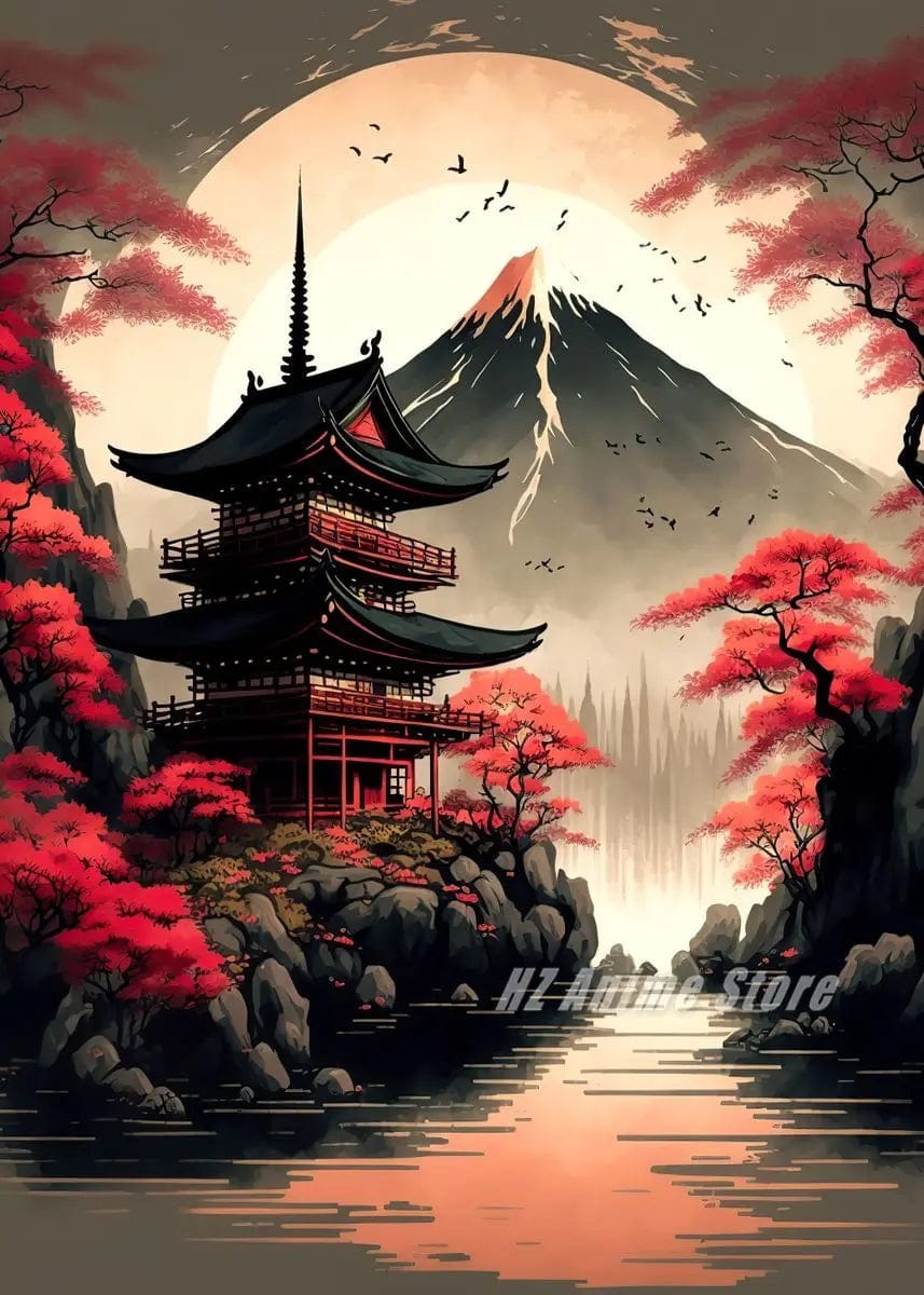 Canvanation Affiche Japonais Cerisier en fleur Sakura Lac Temple Japon
