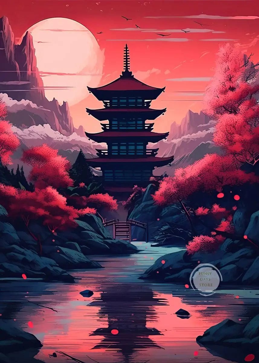 Canvanation 50X70cm / 4 Affiche Japonais Cerisiers En Fleurs Sakura Temple Japon Paysages Mont Fuji