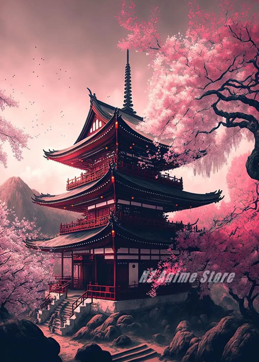 Canvanation 16 / 50X70cm Affiche Japonais Cerisier en fleur Sakura Lac Temple Japon