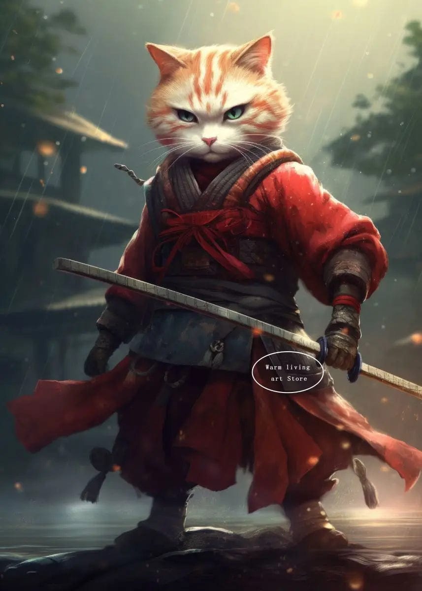 Canvanation 50X70cm / 4 Affiche Japonais Chat Samurai Katana Sakura