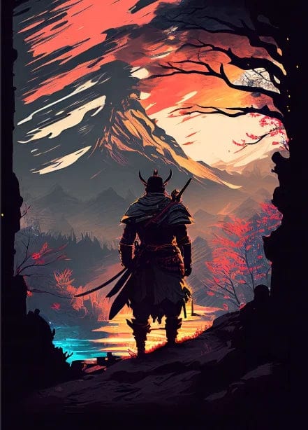 Canvanation Sky blue / 55x80cm Affiche Japonais Samurai Sakura Guerrier Coucher De Soleil