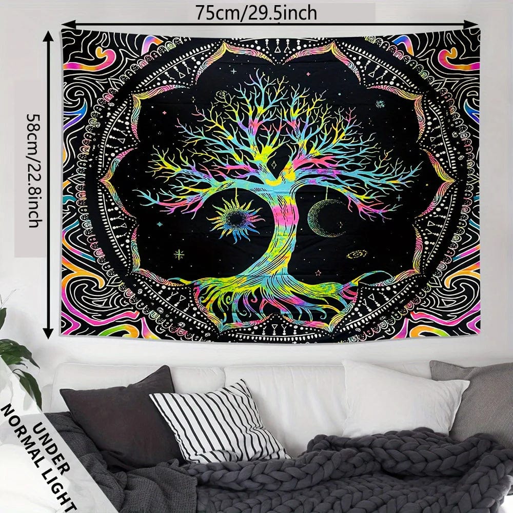 Canvanation Tapisserie Arbre de vie Soleil Lune Etoiles Galaxie Colorée Hippie Psychédélique