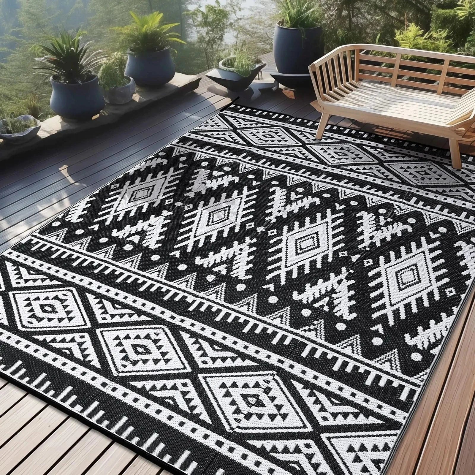Canvanation Noir Blanc / 9X12inch(270x360cm) Tapis Boho Rectangulaire – Motif Infini | Déco Bohème pour Salon, Chambre et Extérieur