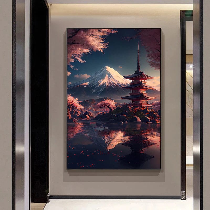 Canvanation Affiche Japonais Cerisier en fleur Sakura Lac Temple Japon