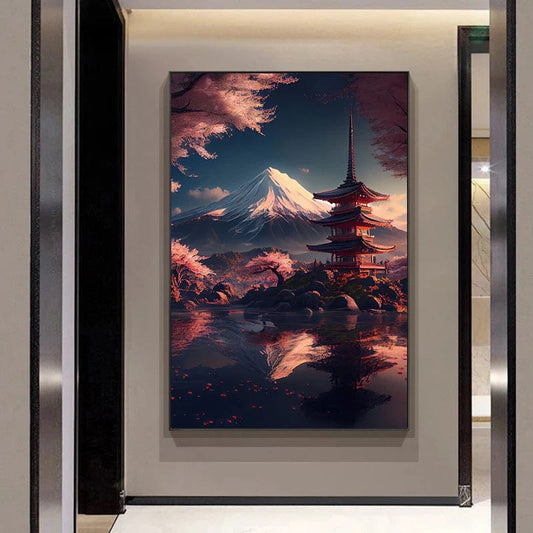 Canvanation Affiche Japonais Cerisier en fleur Sakura Lac Temple Japon