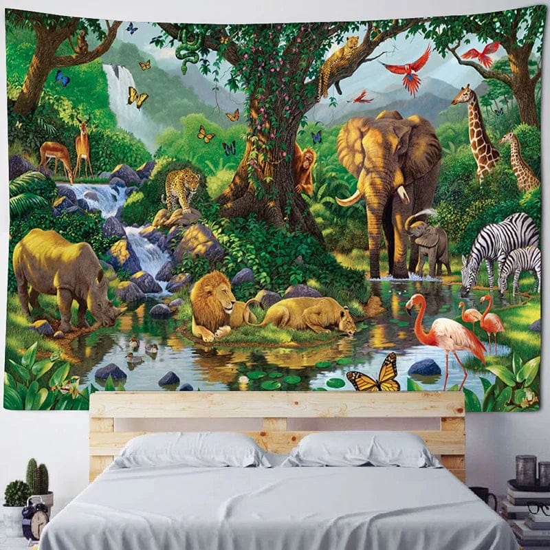 Canvanation Red Wine / 300x200cm Tapisserie d'Art Jungle Oiseau – Scène Psychédélique