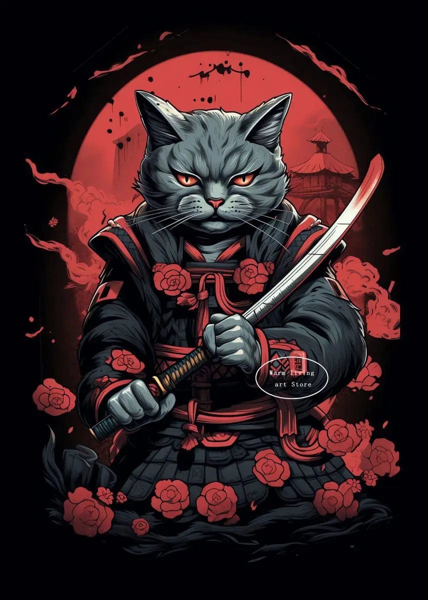 Canvanation 50X70cm / 17 Affiche Japonais Chat Samurai Katana Sakura