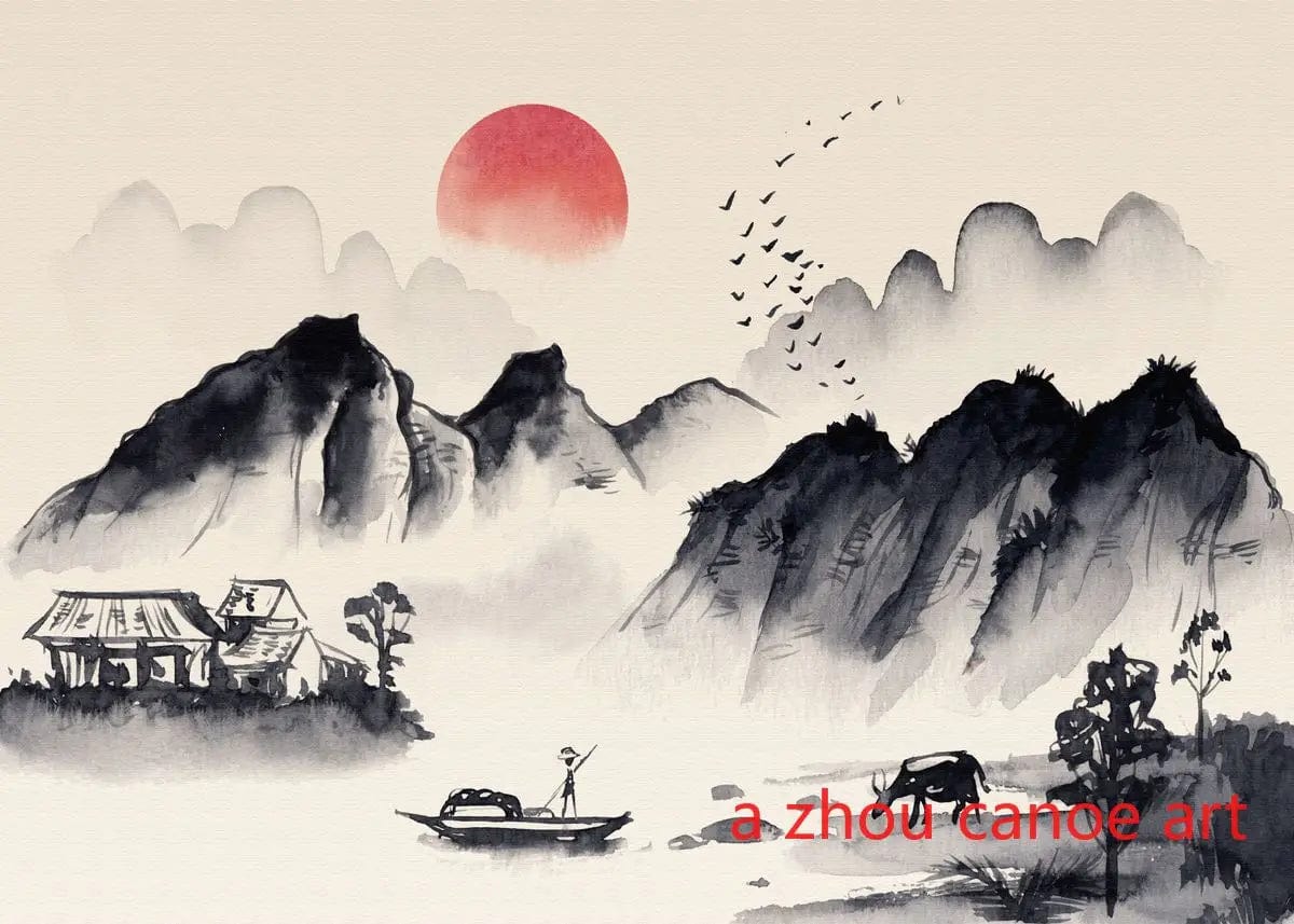 Canvanation 2 / 40X60cm Affiche Japonais Paysage Chinois Couple Oiseaux Forêt Montagne Rivière Poisson Carpe Koi