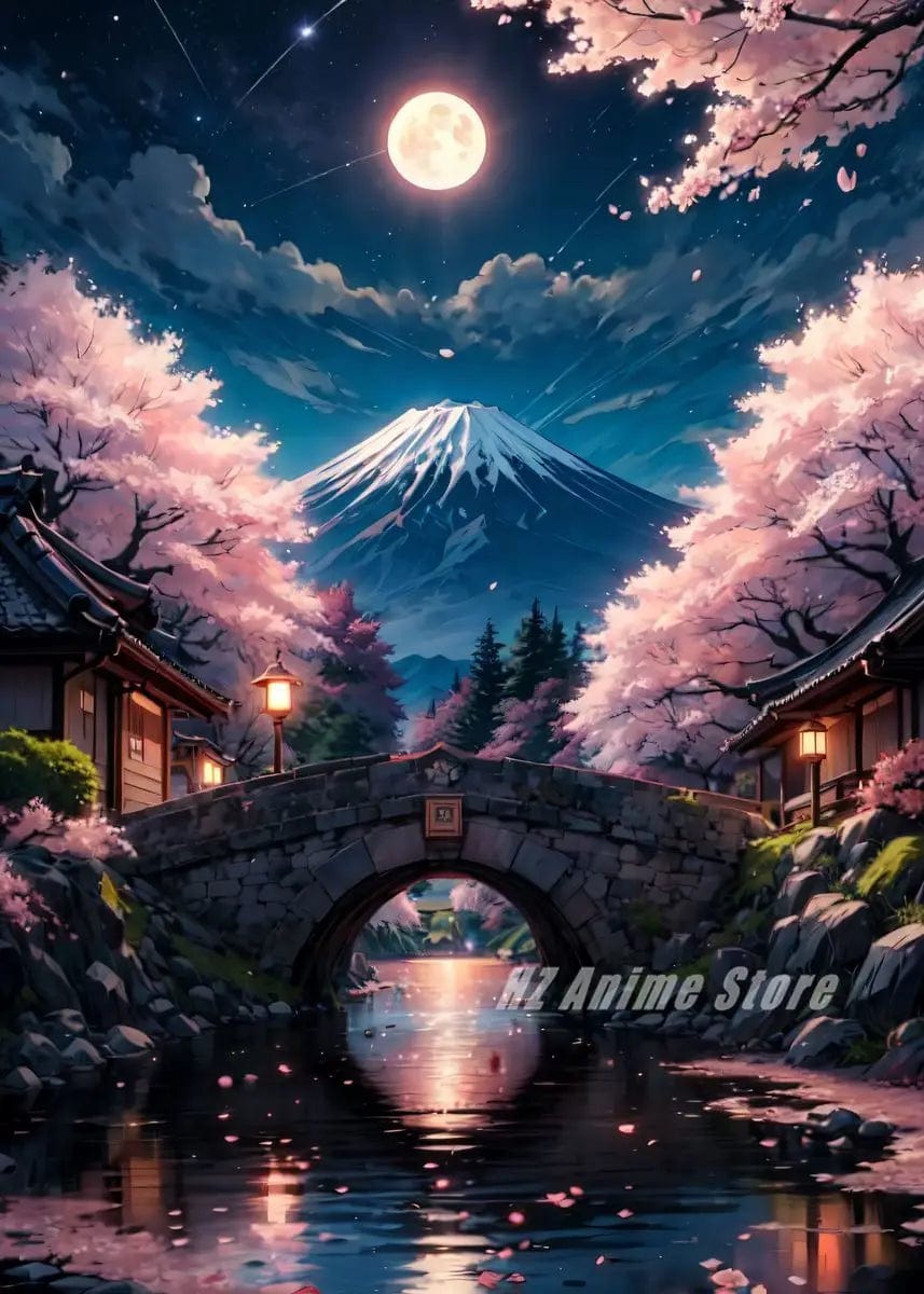 Canvanation Affiche Japonais Cerisier en fleur Sakura Lac Temple Japon