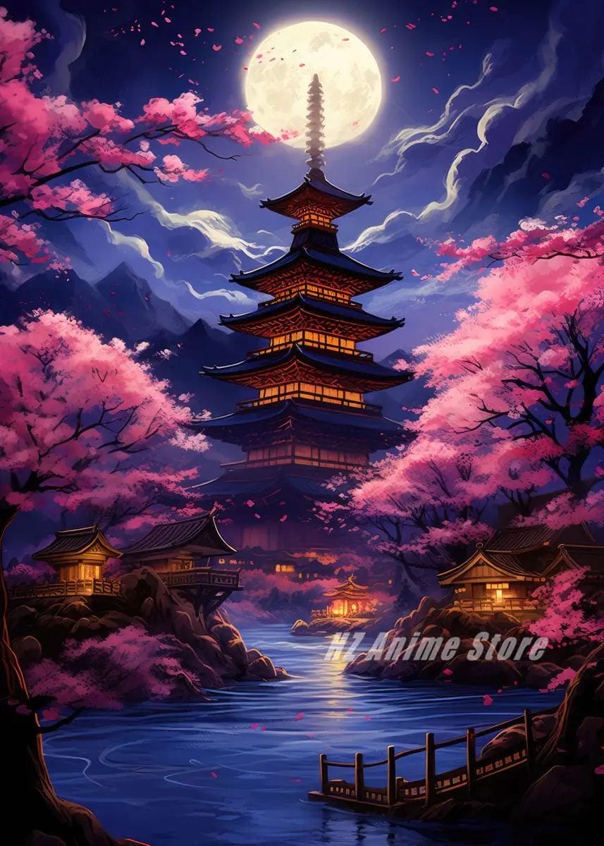 Canvanation Affiche Japonais Cerisier en fleur Sakura Lac Temple Japon