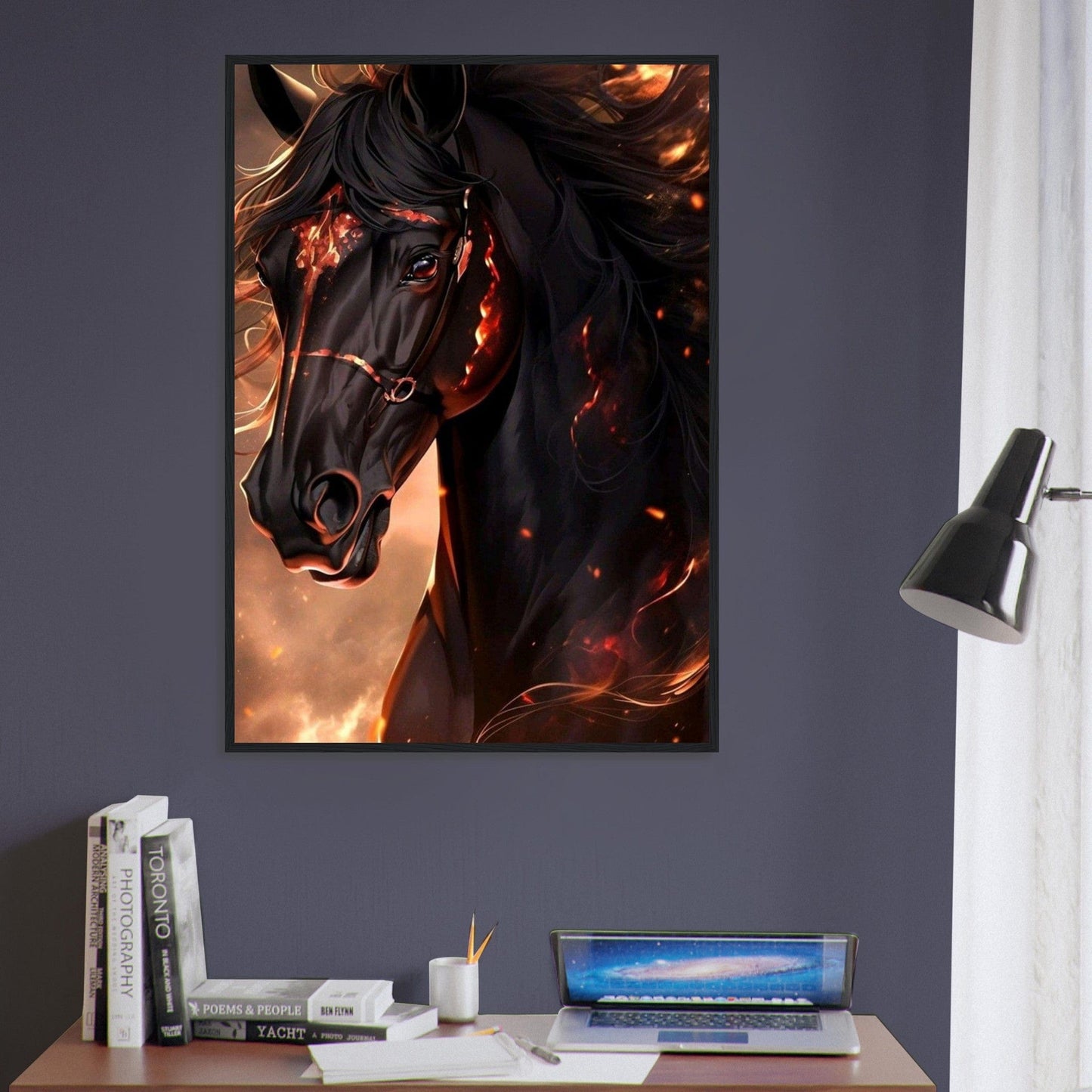 Canvanation Print Material Tableau Cheval Noir Flamme