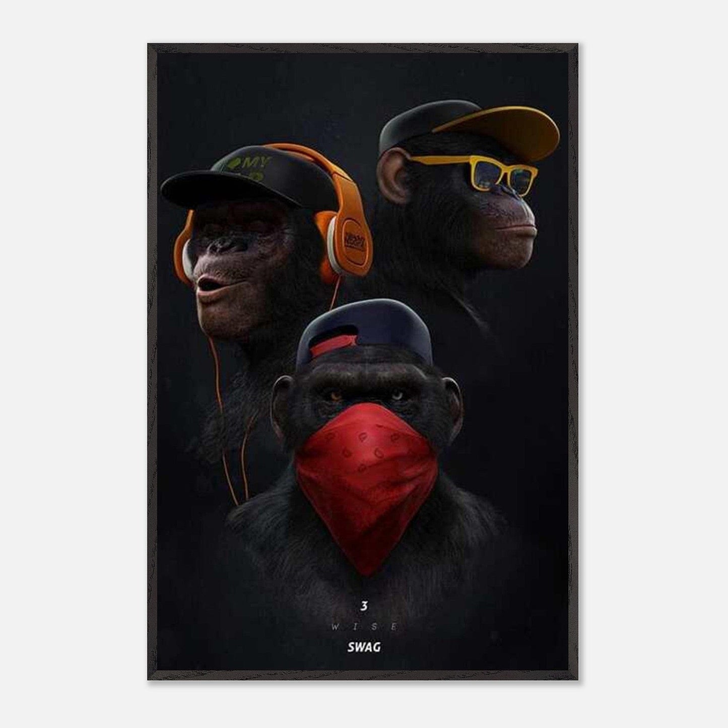 Canvanation Print Material 4 / Cadre noir / 60x90 cm / 24x36″ Tableau 3 singes