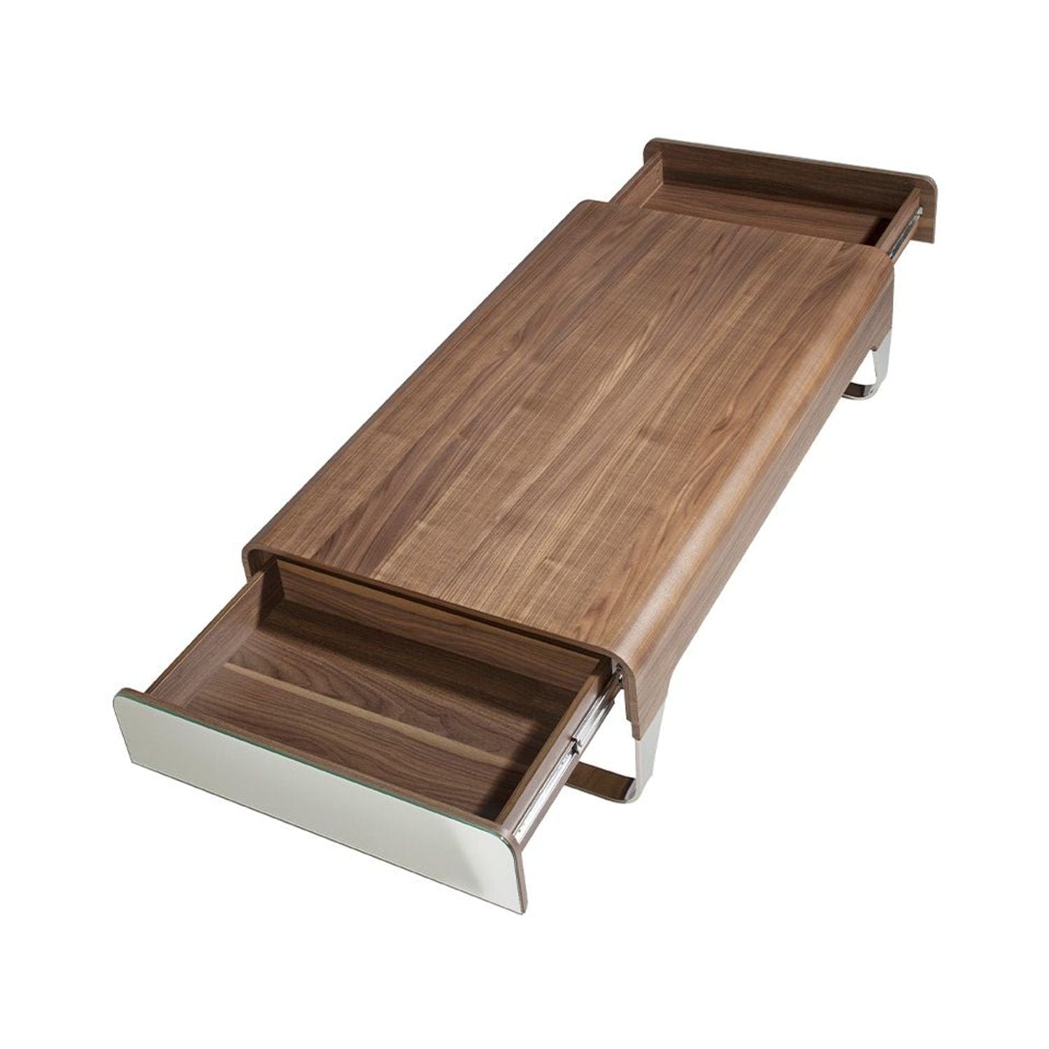 Canvanation Table Basse Moderne en Bois Noyer avec Tiroirs Miroir et Pieds en Acier Chromé