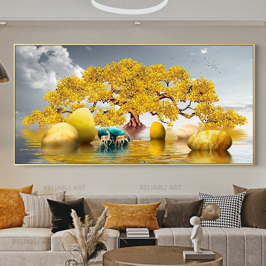 Canvanation 0 60x120cm Affiche Toile Arbre Doré Feng Shui Richesse