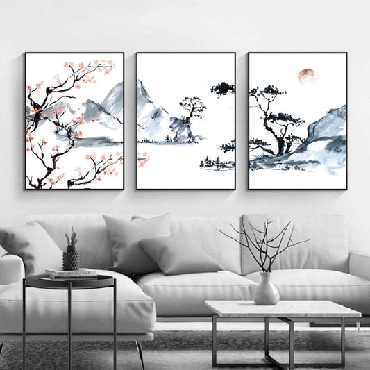 Canvanation Lot De 3 / 50X70X3 cm / Avec Cadre Tableau Triptyque Cerisier Japonais