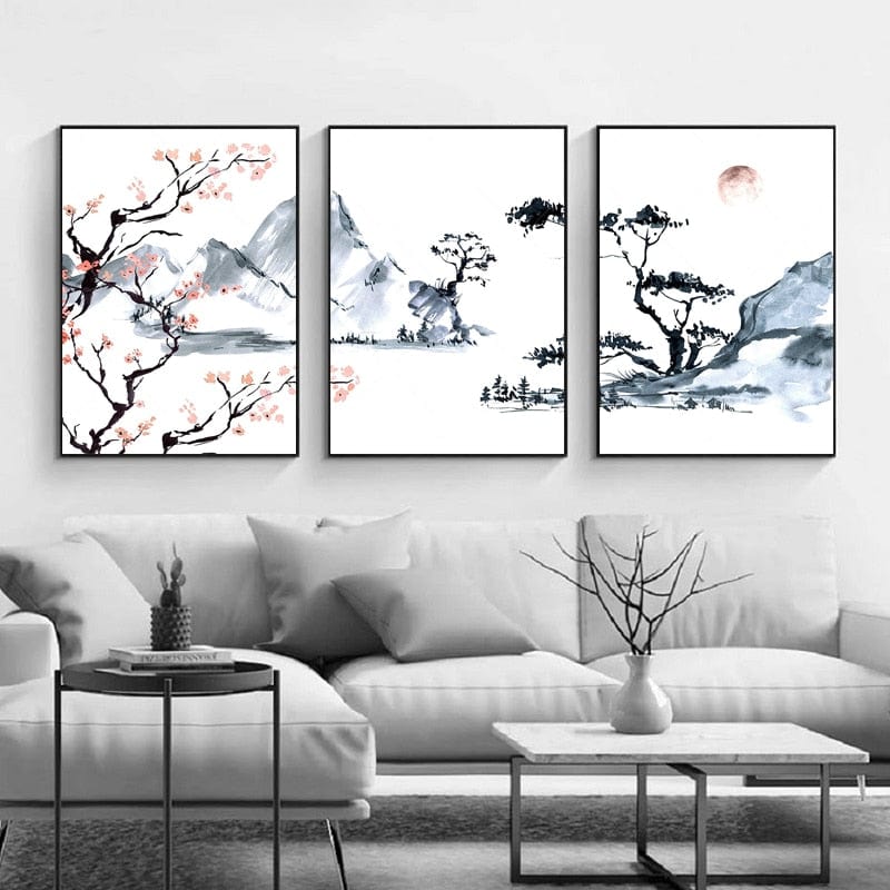 Canvanation Lot De 3 / 50X70X3 cm / Avec Cadre Tableau Triptyque Cerisier Japonais
