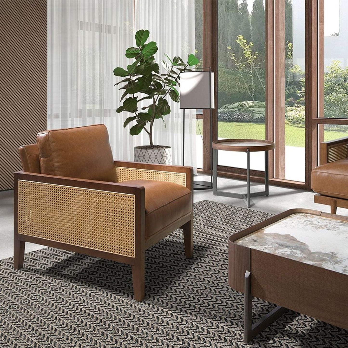 Canvanation Table d'Angle Ronde Moderne en Bois de Noyer et Marbre Blanc avec Structure en Acier Inoxydable