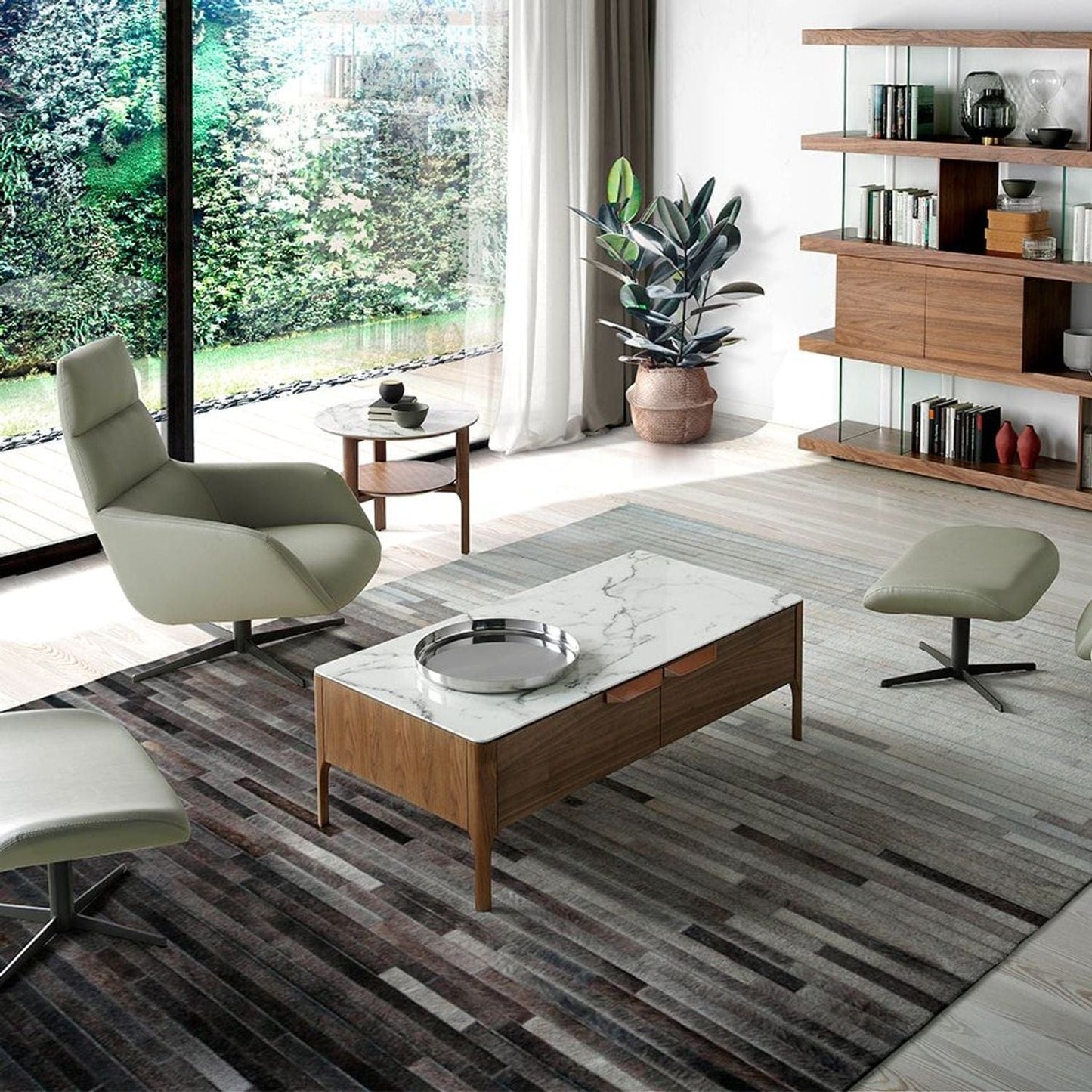 Canvanation Table basse moderne avec plateau effet marbre et base en bois Plaqué Noyer