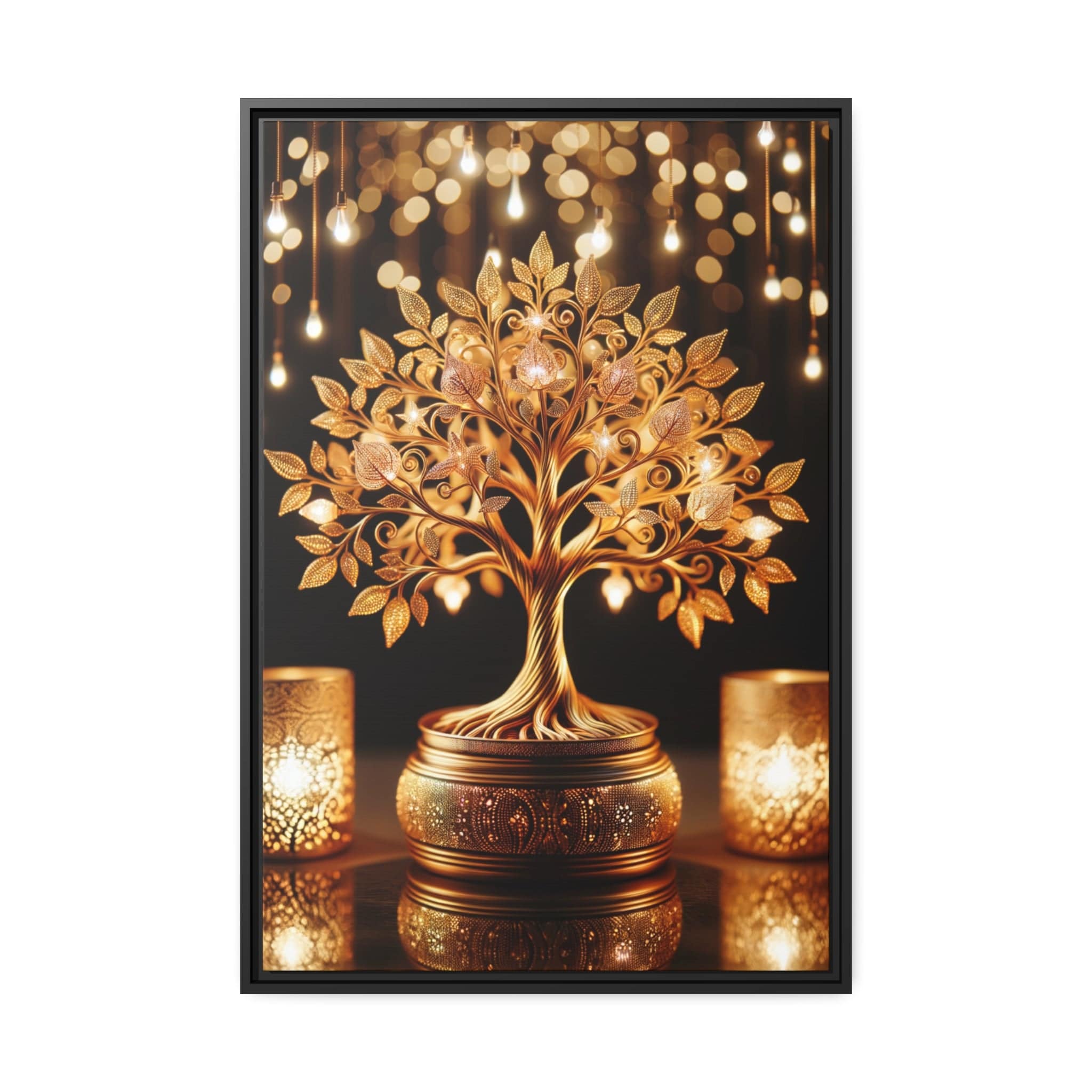 Printify Canvas 24″ x 36″ (Vertical) / Cadre Noir Tableau Dorée Arbre De vie, Scintillant