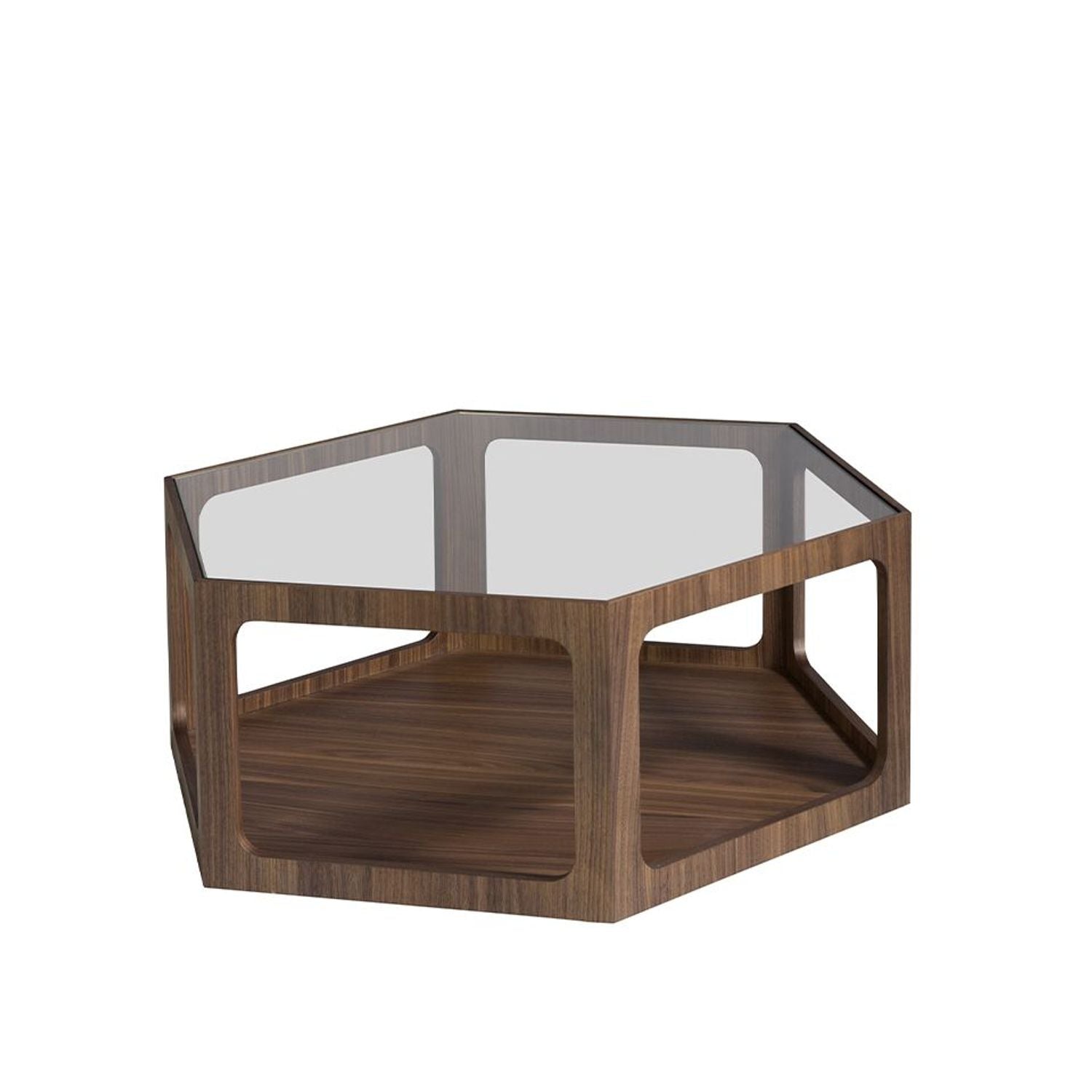 Table Basse Hexagonale en Bois Noyer et Verre Trempé Design Moderne