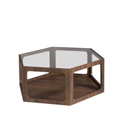 Canvanation Table Basse Hexagonale en Bois Noyer et Verre Trempé Design Moderne