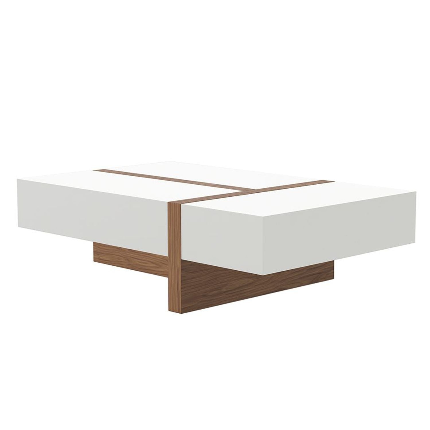 Table Basse Rectangulaire Moderne en Bois Noyer et Blanc avec Tiroirs à Fermeture Amortie