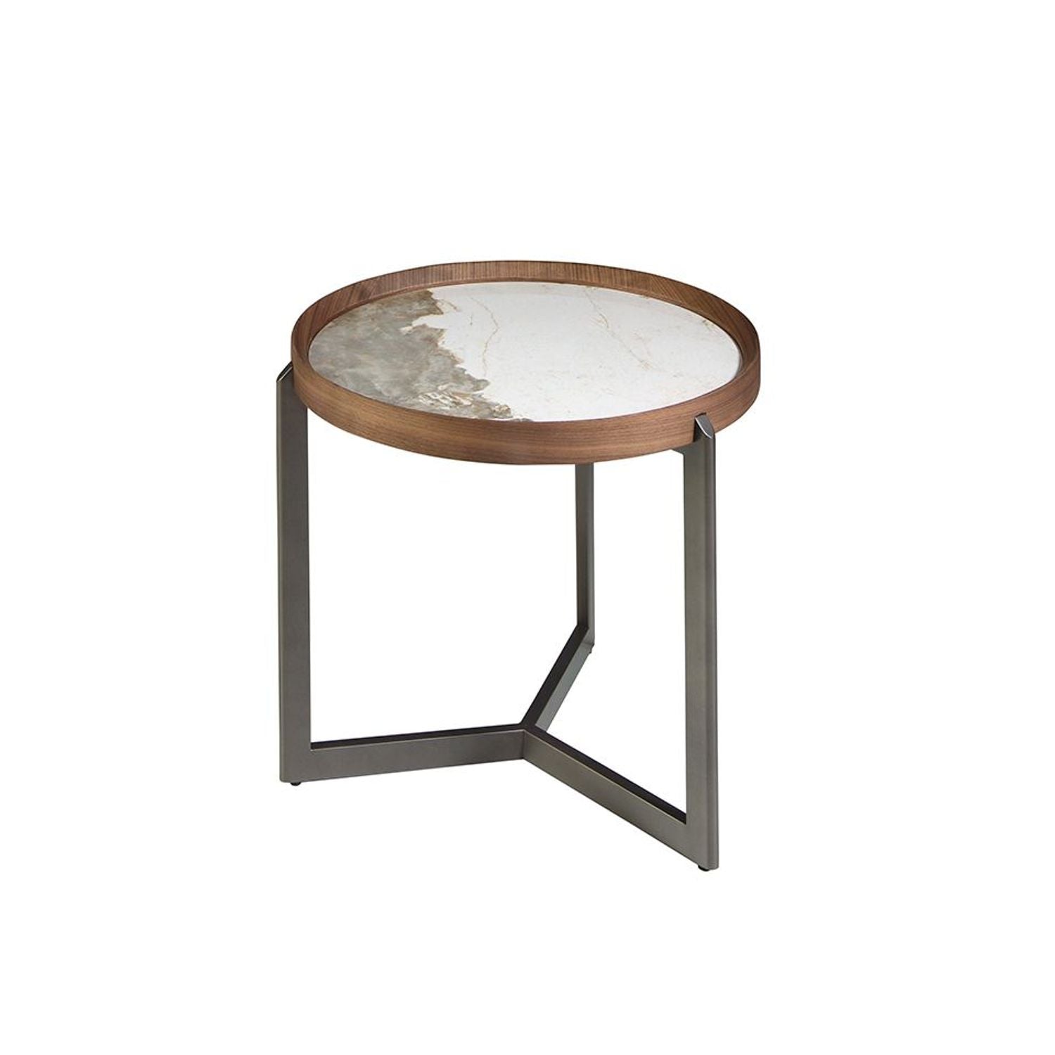 Table d'Angle Ronde Moderne en Bois de Noyer et Marbre Blanc avec Structure en Acier Inoxydable