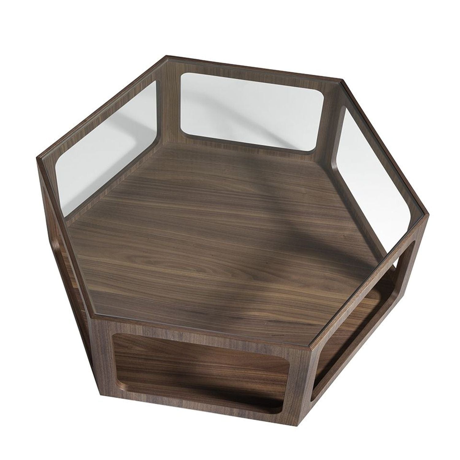 Canvanation Table Basse Hexagonale en Bois Noyer et Verre Trempé Design Moderne