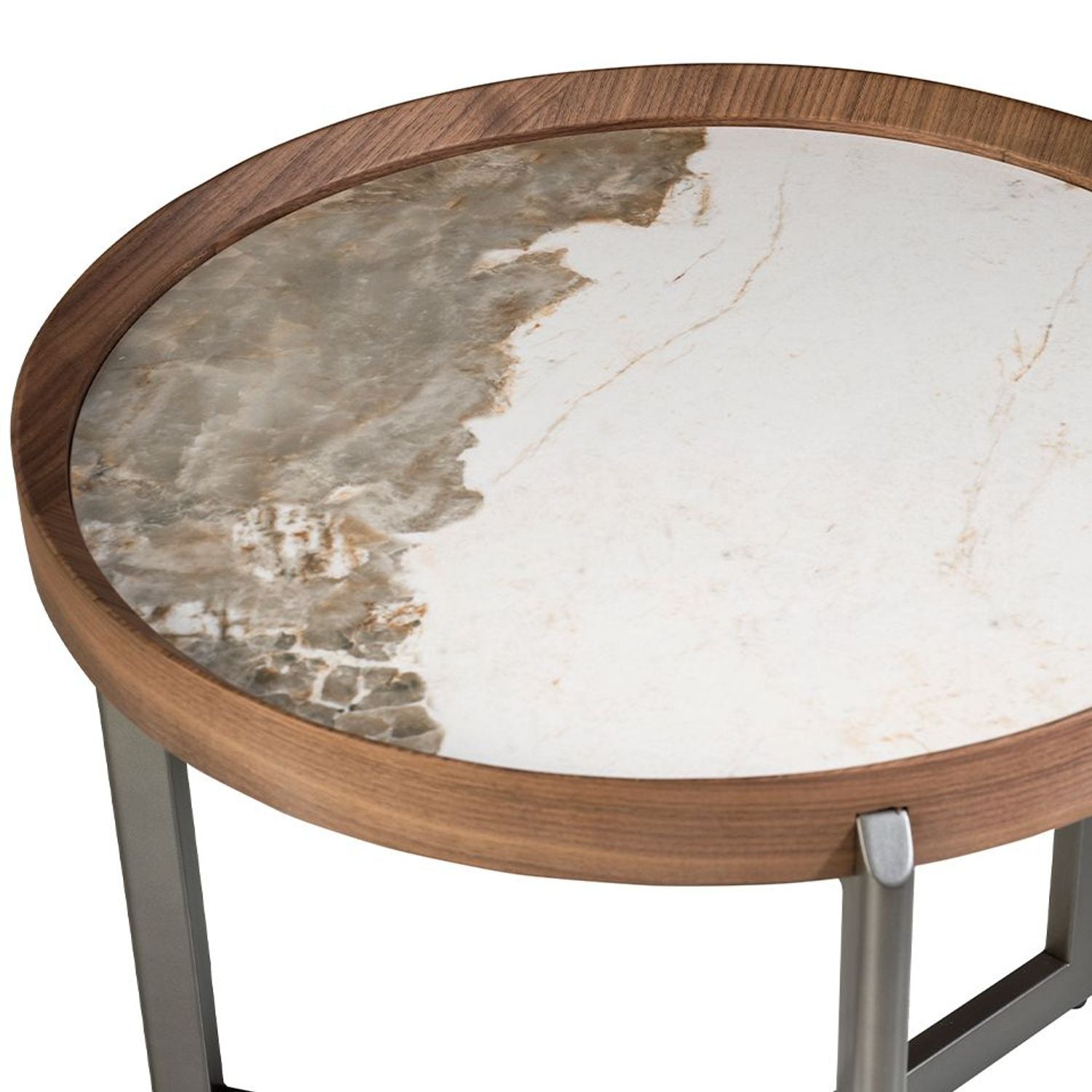 Table d'Angle Ronde Moderne en Bois de Noyer et Marbre Blanc avec Structure en Acier Inoxydable