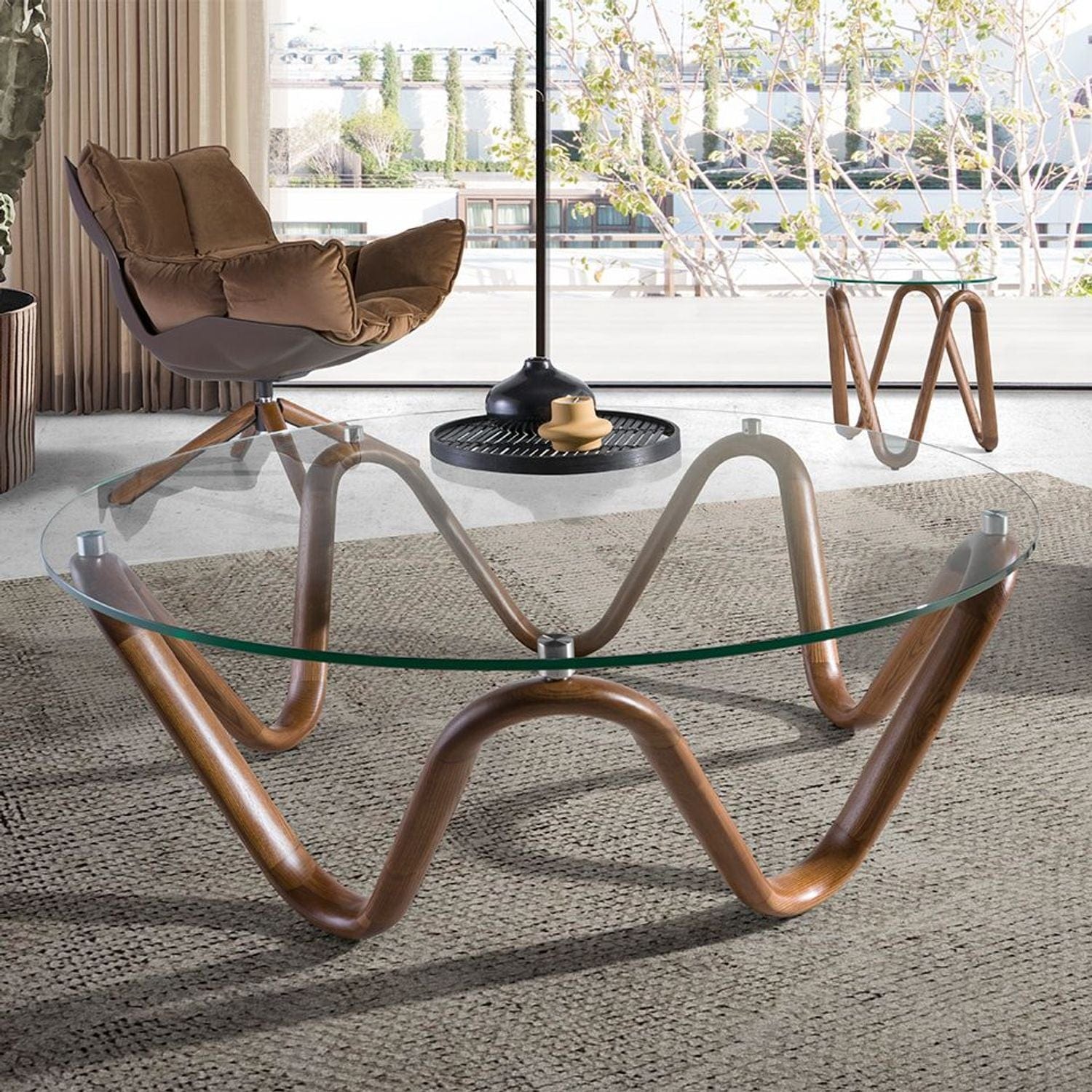 Canvanation Table Basse Ronde Moderne en Verre Trempé et Bois Noyer – Design Élégant et Unique