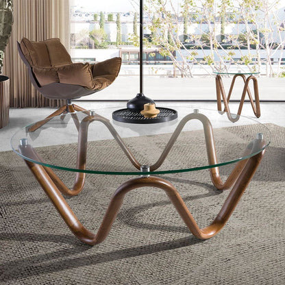 Canvanation Table Basse Ronde Moderne en Verre Trempé et Bois Noyer – Design Élégant et Unique
