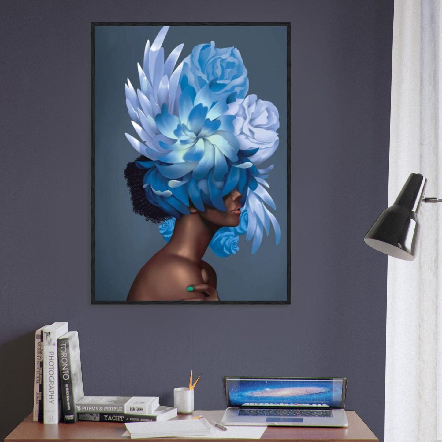 Tableau Femme Fleurs Cheveux Bleu