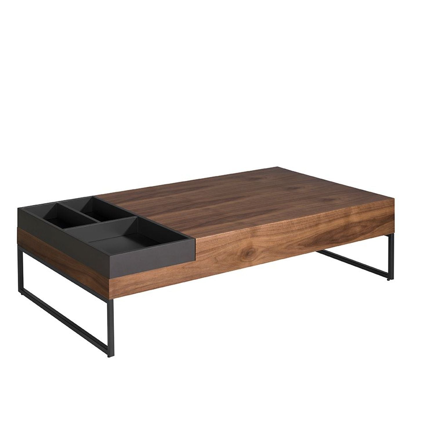 Table Basse Rectangulaire Moderne en Noyer avec Compartiments Amovibles et Tiroir Push-Pull