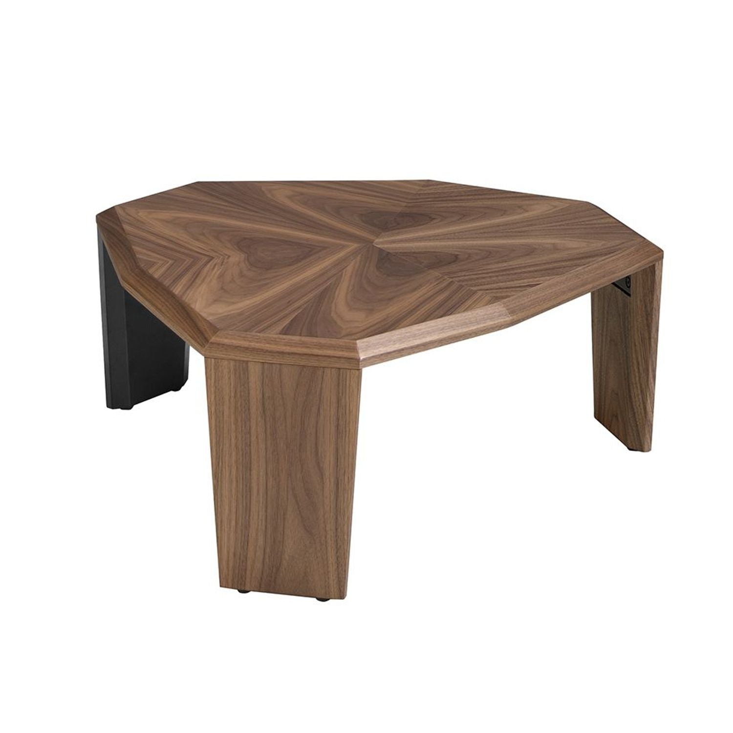 Table Basse Asymétrique en Bois Plaqué Noyer et Pieds Noirs Design