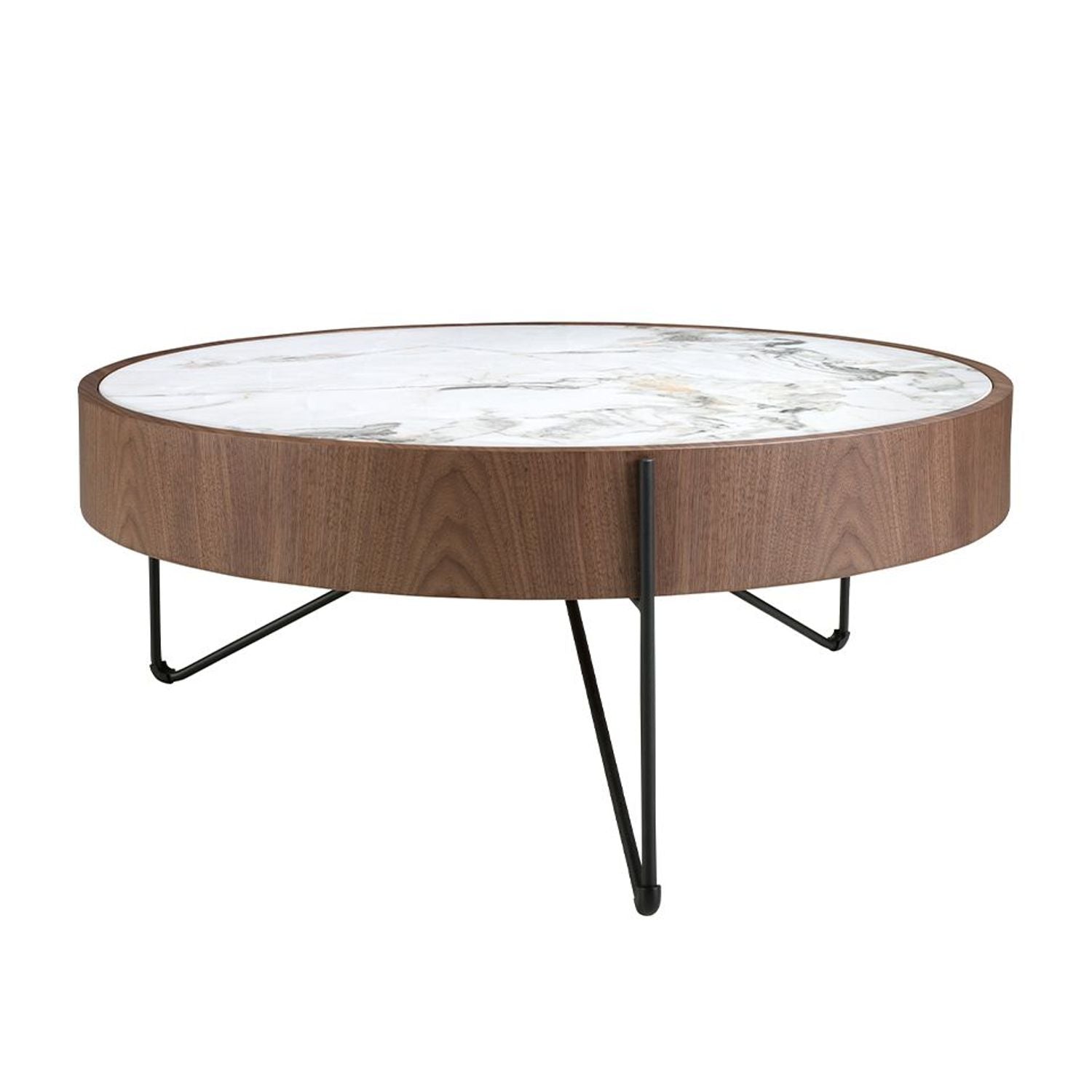 Table Basse Ronde Moderne en Marbre et Bois Noyer – Élégance et Design Avant-Gardiste