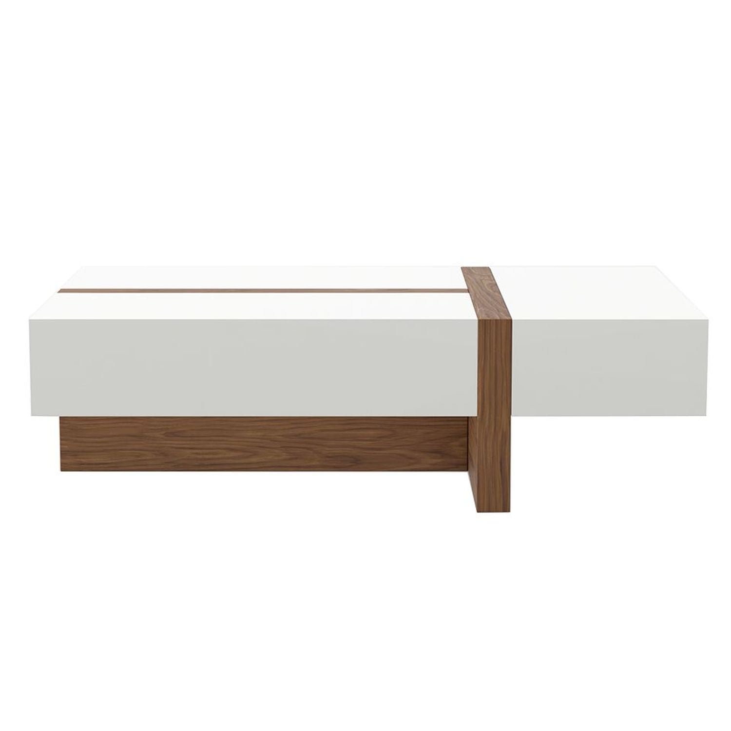 Table Basse Rectangulaire Moderne en Bois Noyer et Blanc avec Tiroirs à Fermeture Amortie