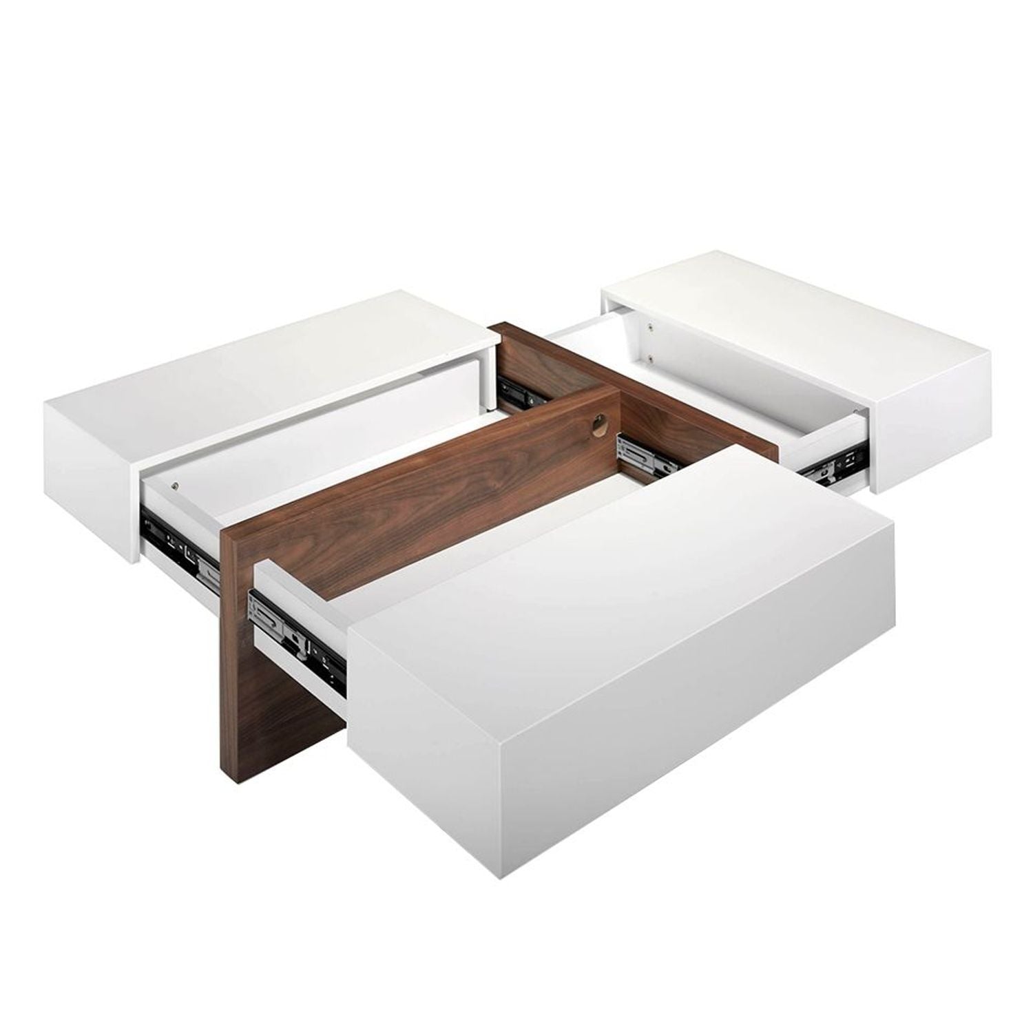 Table Basse Rectangulaire Moderne en Bois Noyer et Blanc avec Tiroirs à Fermeture Amortie