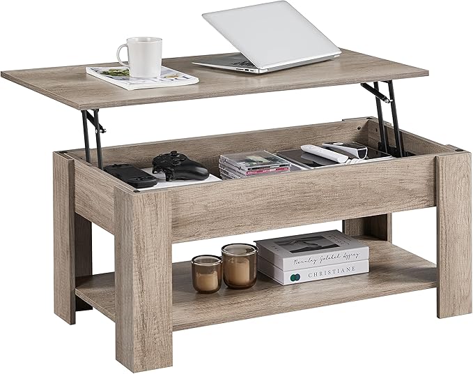 Table Basse Gris/Beige à Plateau Relevable 98 x 50 x 42 cm : Praticité et Rangement Intelligent