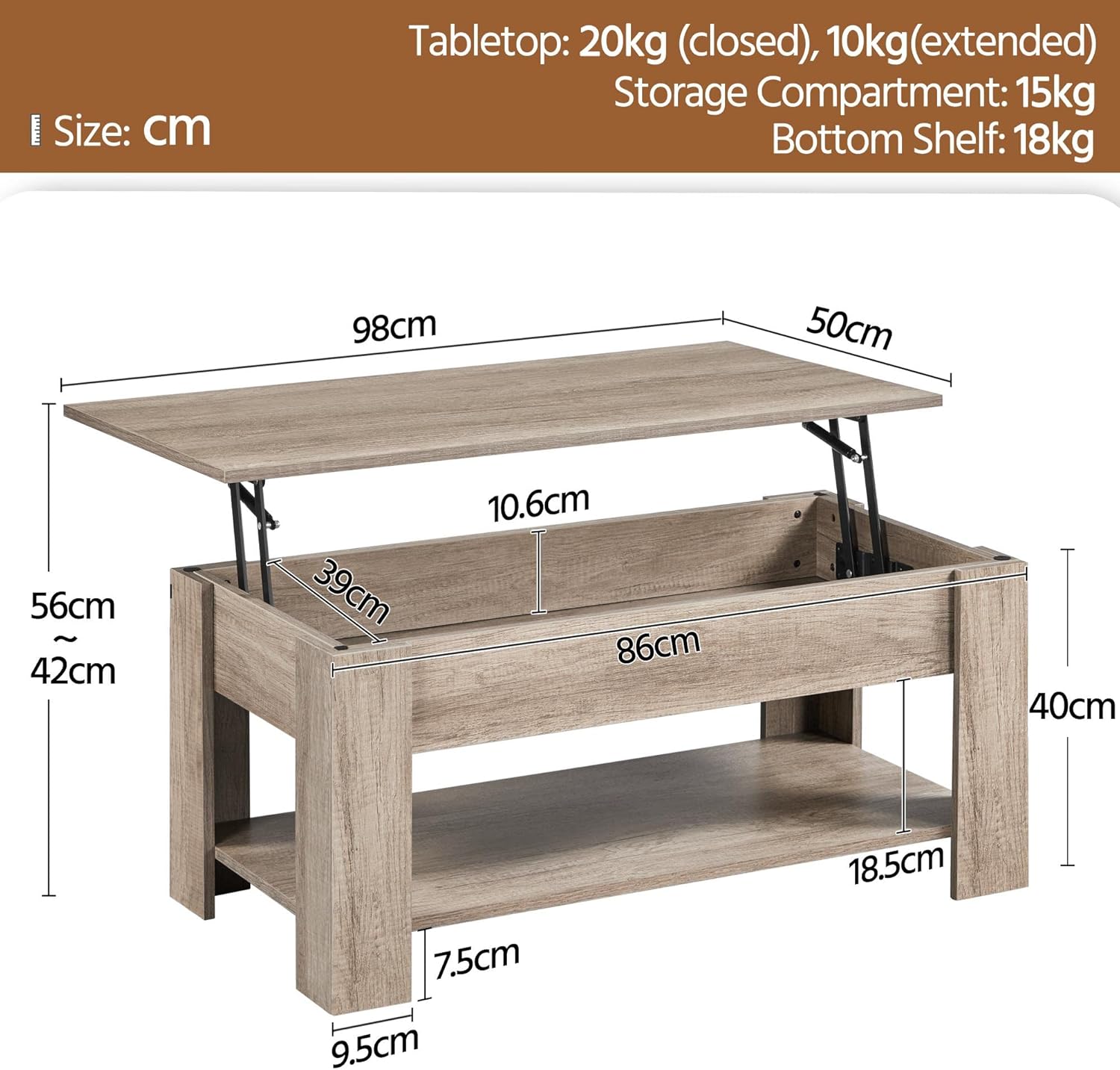 Table Basse Gris/Beige à Plateau Relevable 98 x 50 x 42 cm : Praticité et Rangement Intelligent