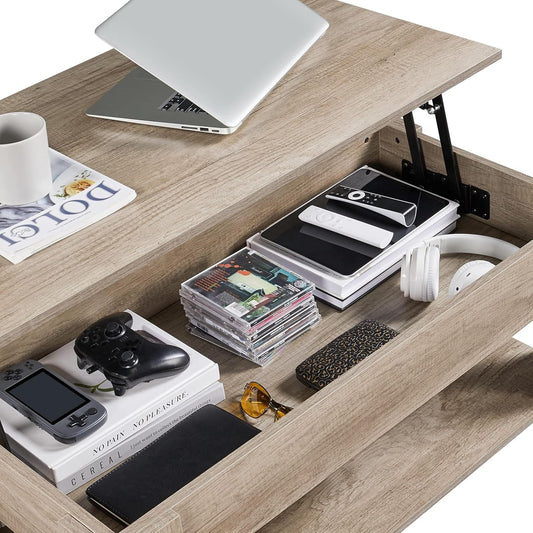 Canvanation Table Basse Gris/Beige à Plateau Relevable 98 x 50 x 42 cm : Praticité et Rangement Intelligent