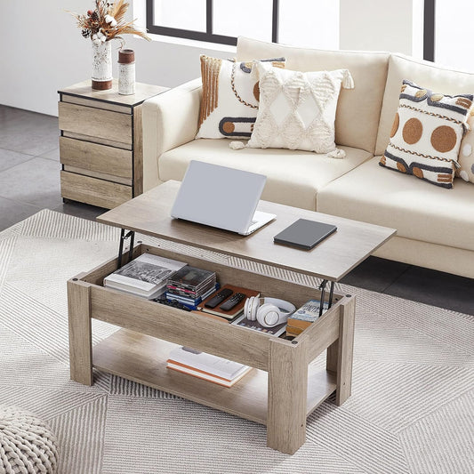 Canvanation Table Basse Gris/Beige à Plateau Relevable 98 x 50 x 42 cm : Praticité et Rangement Intelligent