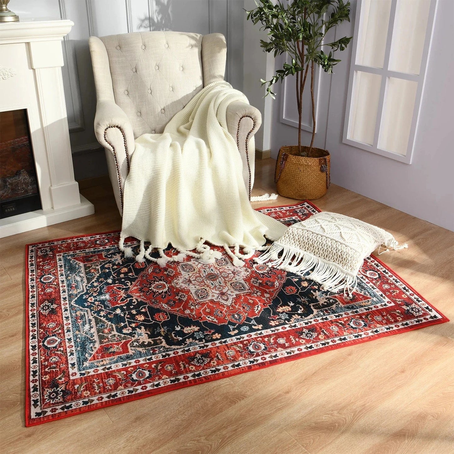 Canvanation Tapis de Salon Perse – Design Tibetan avec Motif Floral Jacquard
