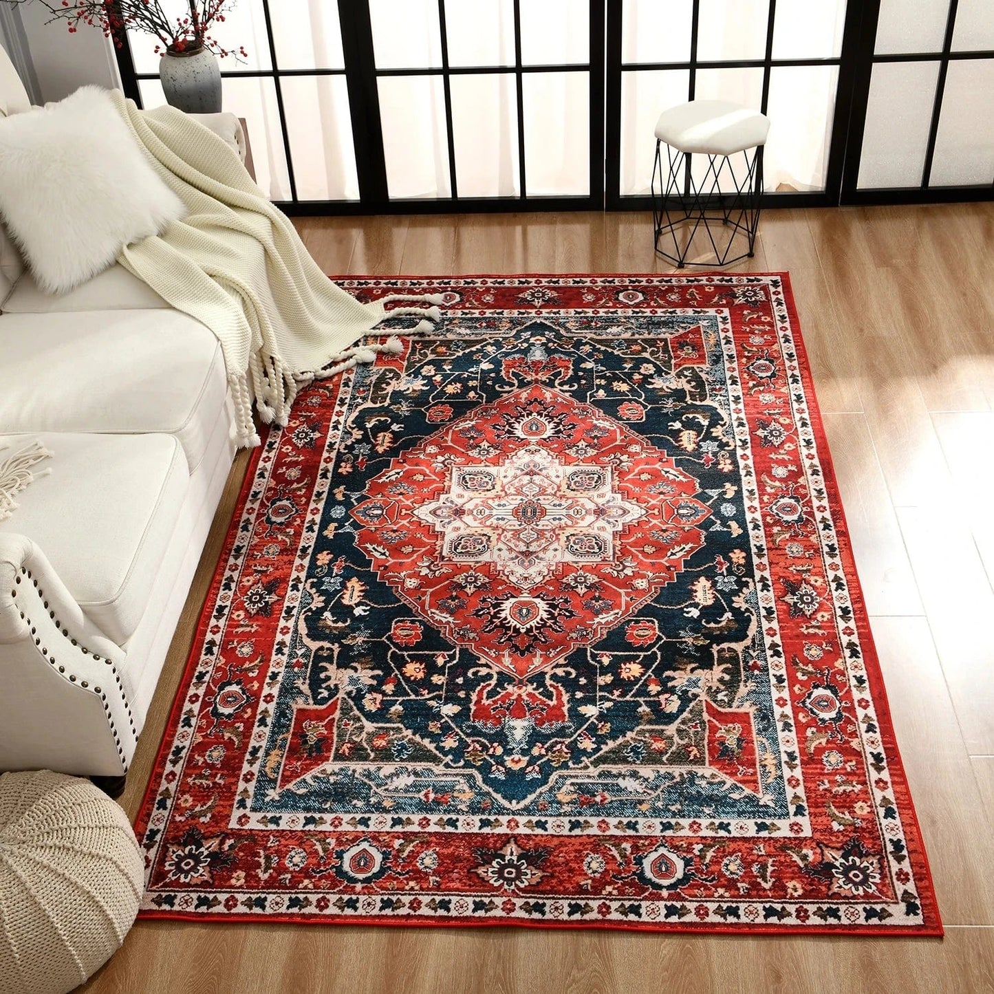 Canvanation Tapis de Salon Perse – Design Tibetan avec Motif Floral Jacquard